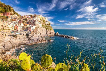 View of Manarola (Manaea in the local dialect), the second-smallest of the famous Cinque Terre towns, Italy.の写真素材