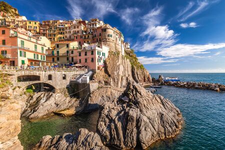 View of Manarola (Manaea in the local dialect), the second-smallest of the famous Cinque Terre towns, Italy.の写真素材