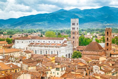 Top view of the Lucca city in Tuscany, Italy, Europe.の写真素材