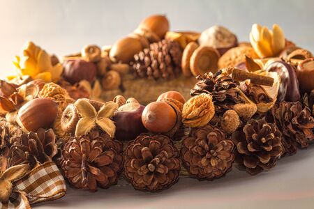 Christmas motif, garland braided from pine cones and acorns isolated on white background.