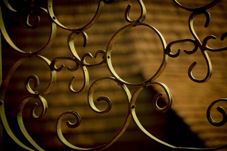 Detail of a wrought iron fence illuminated by the rays of the setting sun.の写真素材