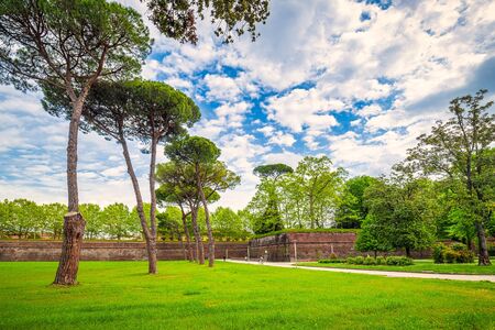 Park with trees near the historic city walls in Lucca, Italy, Europe.の写真素材