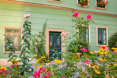 Historic house with flowers in the center of Kutna Hora in the Czech Republic, Europe.のeditorial素材
