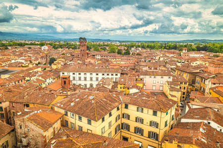 Top view on historic centre of Lucca city in Tuscany, Italy, Europe.のeditorial素材
