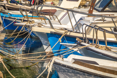 Detail of several ships anchored in a port at sea.の写真素材