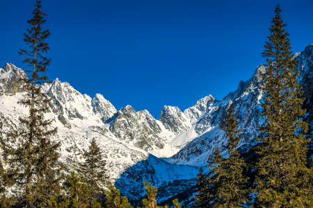 View of the landscape with snowy mountains. High Tatras National Park, Slovakia, Europe.