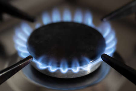 Blue flame of gas stove in a close-up view.
