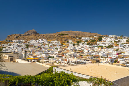Panoramic view of Lindos town on Rhodes island, Greece, Europe.の写真素材