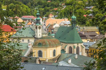 Town hall with St. Catherine's church in Banska Stiavnica, Slovakia, Europe.の写真素材