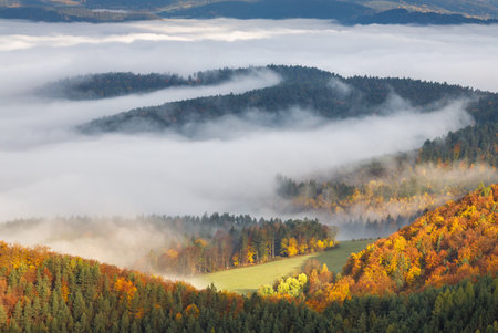 Mountain landscape with foggy valley during autumn morning. The Sulov Rocks, national nature reserve in northwest of Slovakia, Europe.の写真素材