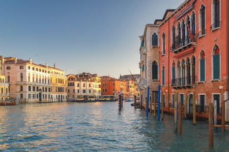 The Grand Canal with historic buildings in Venice at a beautiful sunny morning, Italy, Europe.の写真素材