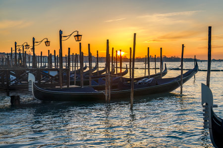 Gondolas of Venice at sunrise, Italy, Europe.の写真素材