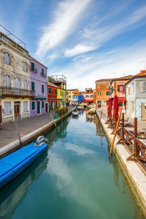 The canal with colorful houses on The Burano island near Venice, Italy, Europe.の写真素材
