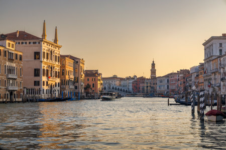 The Grand Canal with Rialto bridge in Venice at a beautiful sunny morning, Italy, Europe.の写真素材