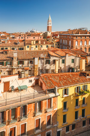 The Venice, top view of historic city center with St. Mark's Campanile, Italy, Europe.の写真素材