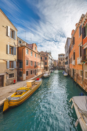 The canal in Venice historic old town at sunny day, Italy, Europe.の写真素材