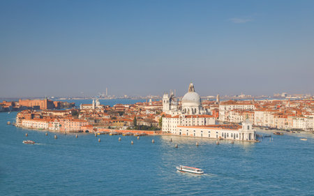 The Santa Maria della Salute basilica in Venice, view from the bell tower of the basilica of San Giorgio Maggiore, Italy, Europe.の写真素材