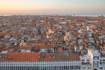 Top view of Venice from the St. Mark's Campanile tower at sunset, Italy, Europe.の写真素材