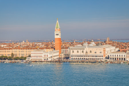 The Venice with St. Mark's Campanile, view from the bell tower of the basilica of San Giorgio Maggiore, Italy, Europe.の写真素材