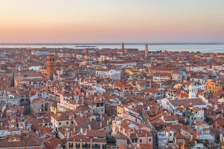 Top view of Venice from the St. Mark's Campanile tower at sunset, Italy, Europe.の写真素材