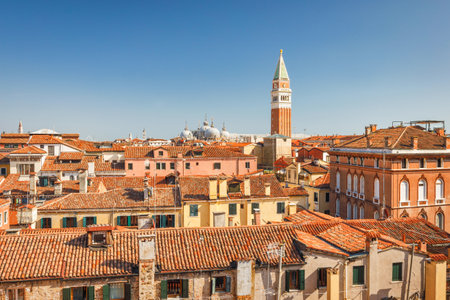 The Venice, top view of historic city center with St. Mark's Campanile, Italy, Europe.の写真素材