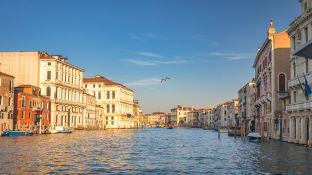 The Grand Canal with historic buildings in Venice at a beautiful sunny morning, Italy, Europe.の写真素材