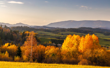 Autumn sunny rural landscape with mountains in the background. The Orava region of Slovakia, Europe.の写真素材