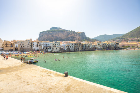 CEFALU, ITALY - JULY 16, 2023: city beach in an attractive destination in Sicily.のeditorial素材