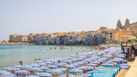 CEFALU, ITALY - JULY 16, 2023: city beach in an attractive destination in Sicily.のeditorial素材
