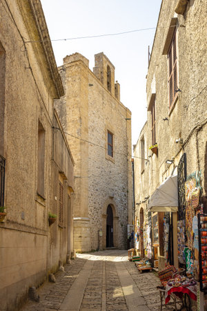 ERICE, ITALY - JULY 17, 2023: A stone street of historic town near Trapani in northwestern Sicily.のeditorial素材