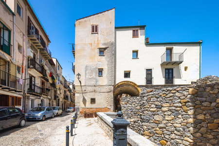 CEFALU, ITALY - JULY 16, 2023: Street at center of town, an attractive destination in Sicily.のeditorial素材