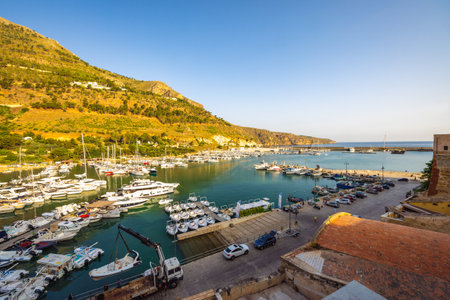 CASTELLAMMARE DEL GOLFO, ITALY - JULY 15, 2023: Harbor with fishing boats in the morning.のeditorial素材
