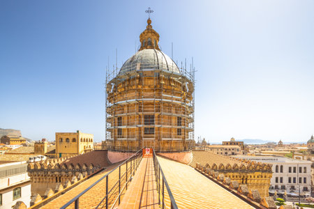 PALERMO, ITALY - JULY 18, 2023: Palermo Cathedral, view of cupola from roof of cathedral, a major landmark and tourist attraction in capital of Sicily.のeditorial素材
