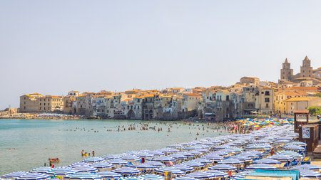 CEFALU, ITALY - JULY 16, 2023: city beach in an attractive destination in Sicily.のeditorial素材