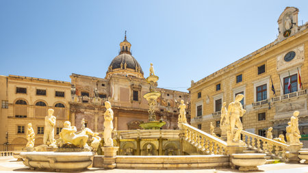 PALERMO, ITALY - JULY 18, 2023: Pretoria Fountain in historic center in capital of Sicily.のeditorial素材
