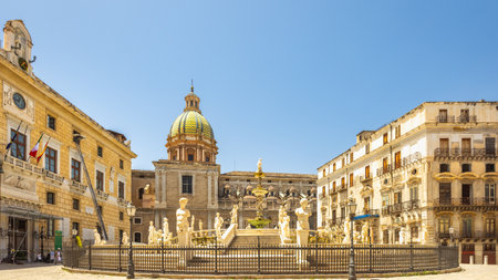 PALERMO, ITALY - JULY 18, 2023: Pretoria Fountain in historic center in capital of Sicily.のeditorial素材