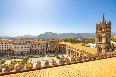 PALERMO, ITALY - JULY 18, 2023: Palermo Cathedral, view of tower with cityscape from roof of cathedral, a major landmark and tourist attraction in capital of Sicily.のeditorial素材