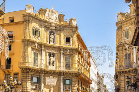 PALERMO, ITALY - JULY 18, 2023: Quattro Canti, baroque square in center of town.のeditorial素材