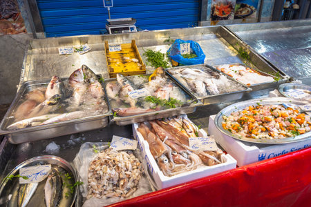 PALERMO, ITALY - JULY 18, 2023: Fish at street market.のeditorial素材