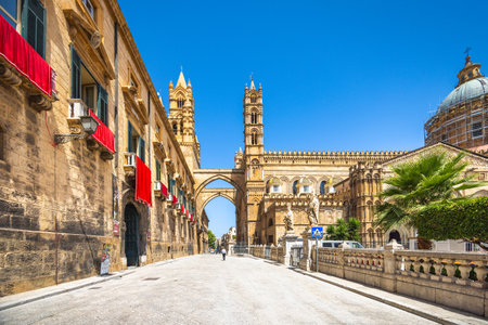 PALERMO, ITALY - JULY 18, 2023: Palermo Cathedral, a major landmark and tourist attraction in the capital of Sicily.のeditorial素材