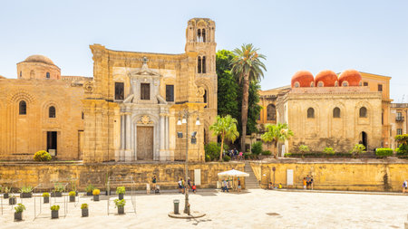 PALERMO, ITALY - JULY 18, 2023: Church of St. Mary of the Admiral with Church of San Cataldo in historic center.のeditorial素材