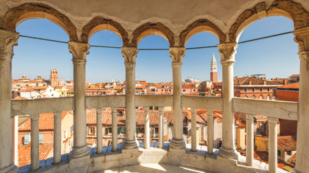 VENICE, ITALY - MARCH 4, 2023: Historic city center with St. Mark's Campanile, view from the staircase of The Palazzo Contarini del Bovolo.のeditorial素材