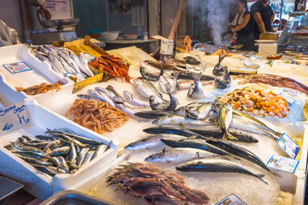 PALERMO, ITALY - JULY 18, 2023: Fish at street market.のeditorial素材