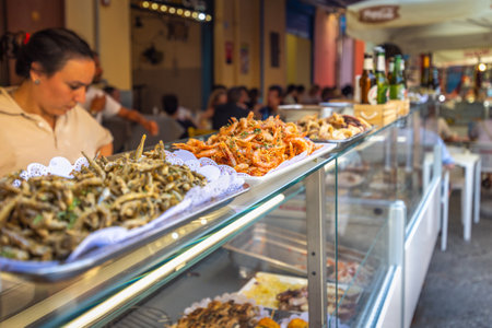 PALERMO, ITALY - JULY 18, 2023: food at the city market.のeditorial素材