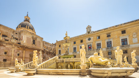 PALERMO, ITALY - JULY 18, 2023: Pretoria Fountain in historic center in capital of Sicily.のeditorial素材