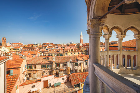 VENICE, ITALY - MARCH 4, 2023: Historic city center with St. Mark's Campanile, view from the staircase of The Palazzo Contarini del Bovolo.のeditorial素材