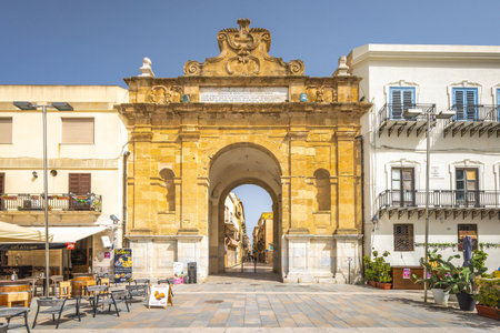 MARSALA, ITALY - JULY 8, 2023: The Porta Nuova, entrance gate in historic center of town at Sicily.のeditorial素材