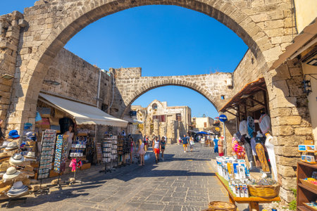 RHODES, GREECE - JULY 7, 2022: View of stone street of the historic center of the Rhodes city.のeditorial素材