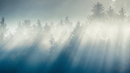 Autumn landscape, sun rays illuminating the trees in the fog. The Sulov Rocks, national nature reserve in northwest of Slovakia, Europe.の写真素材