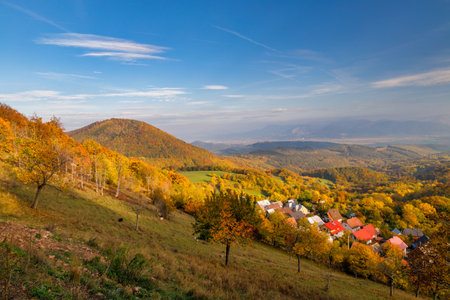 View of autumn mountain landscape. The Vrsatec National Nature Reserve in the White Carpathian Mountains, Slovakia, Europe.の写真素材
